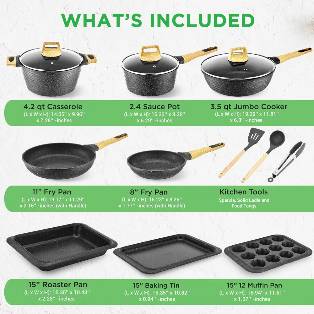 Nutrichef Batterie Cuisine 22 Pièces Antiadhésive Marbre Noir