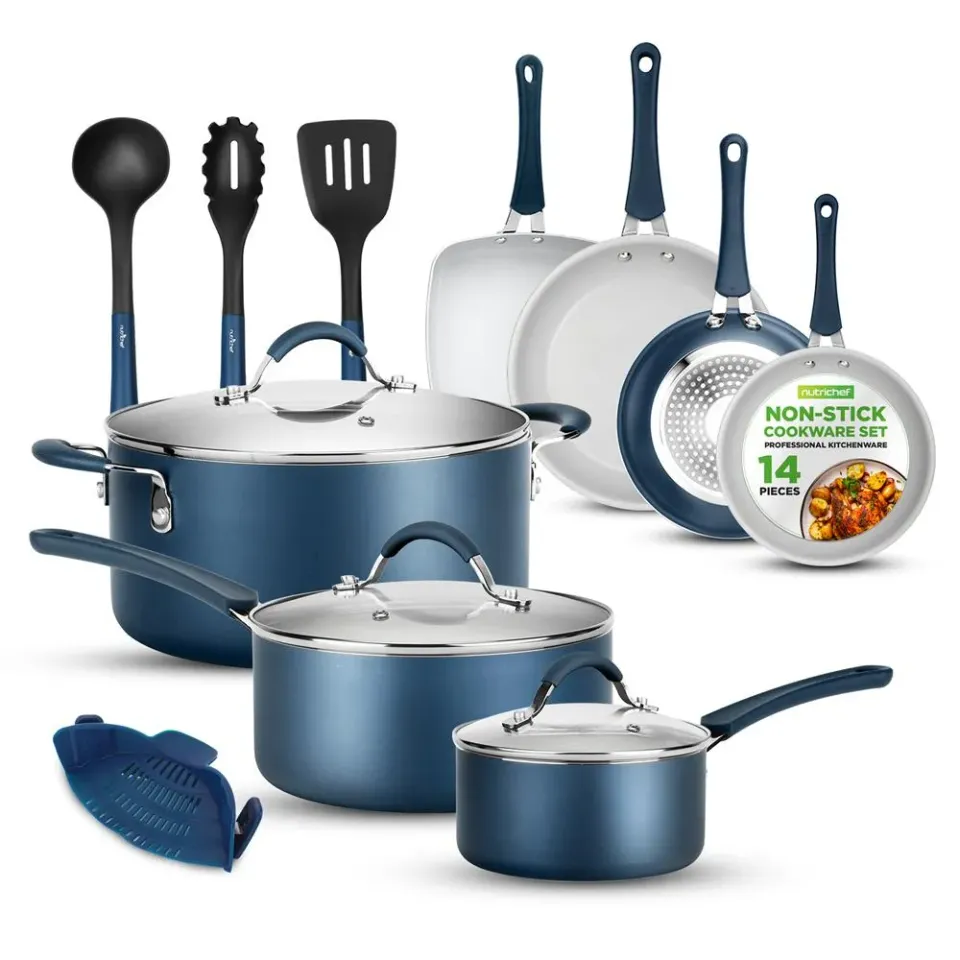 Nutrichef Batterie 14 Pièces Antiadhésive Bleu Marine Induction
