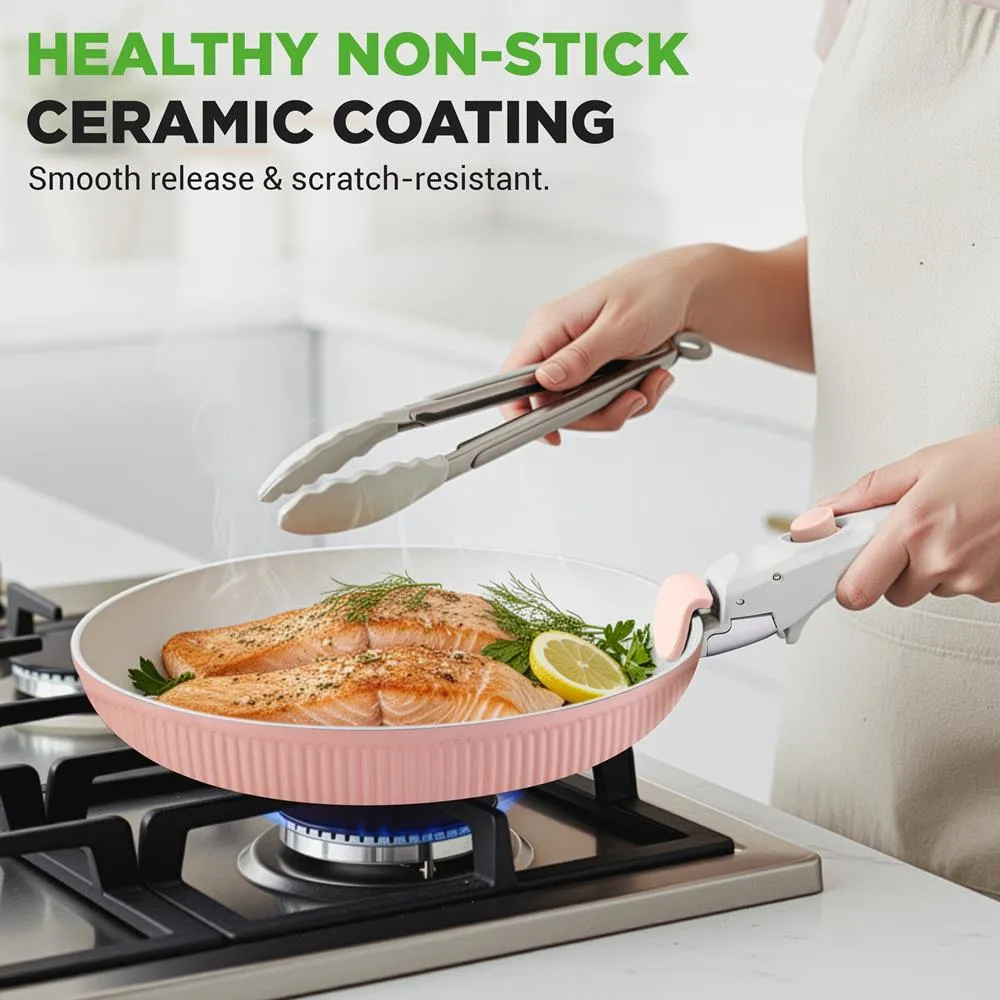 Nutrichef batterie cuisine céramique rose 18 pièces