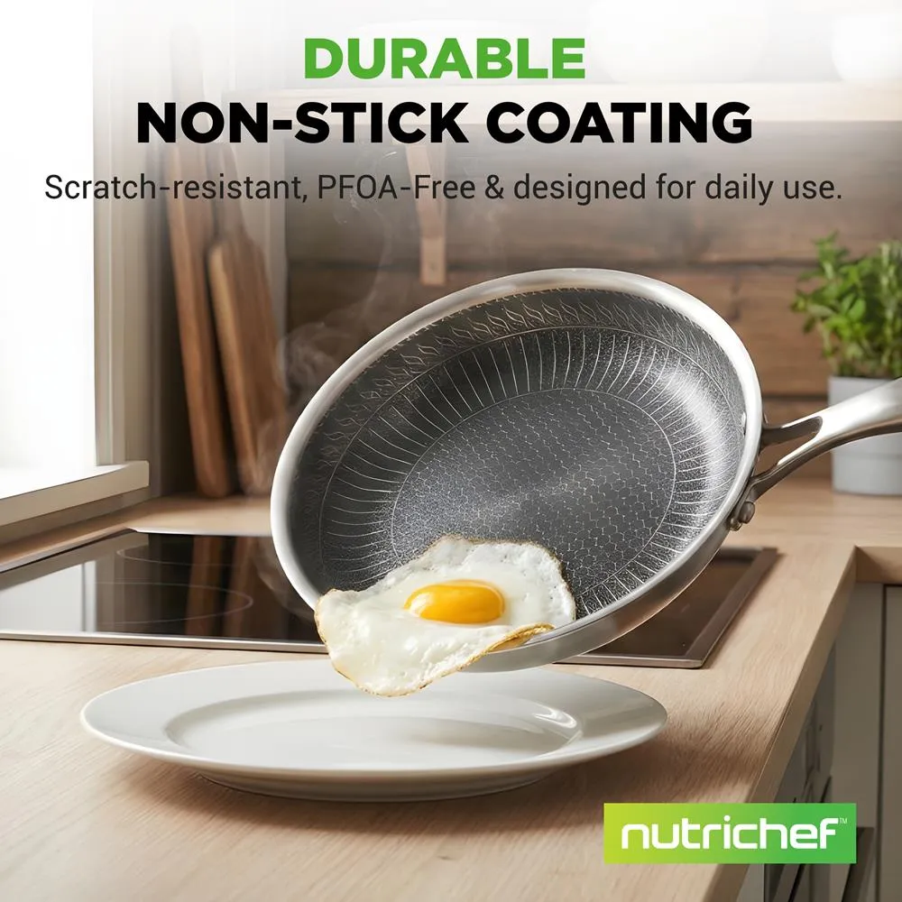 Nutrichef Poêle inox 30cm antiadhésive nid abeille couvercle