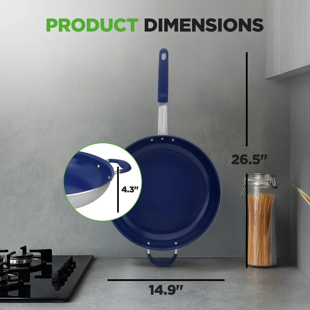 Nutrichef NCFRLD14 poêle 35 cm avec couvercle poignée bleue antiadhésive