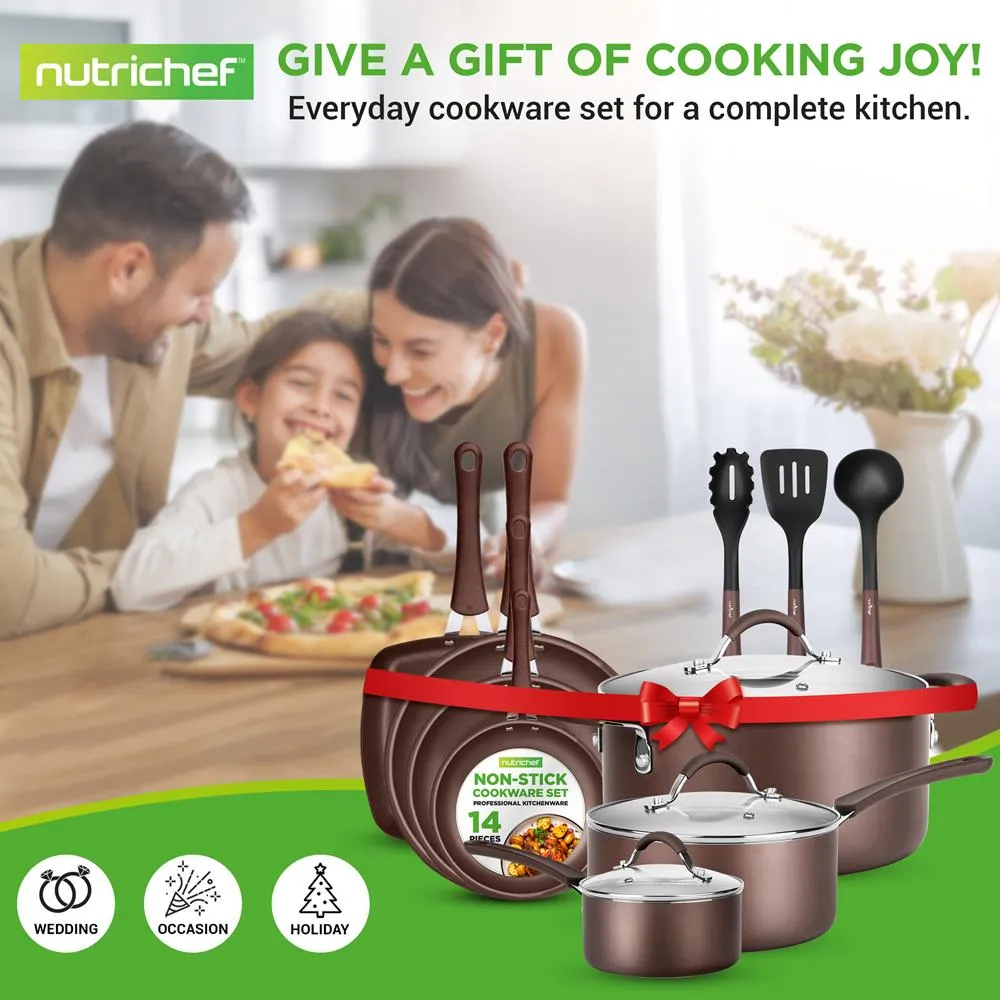Nutrichef Batterie de cuisine antiadhésive 14 pièces marron