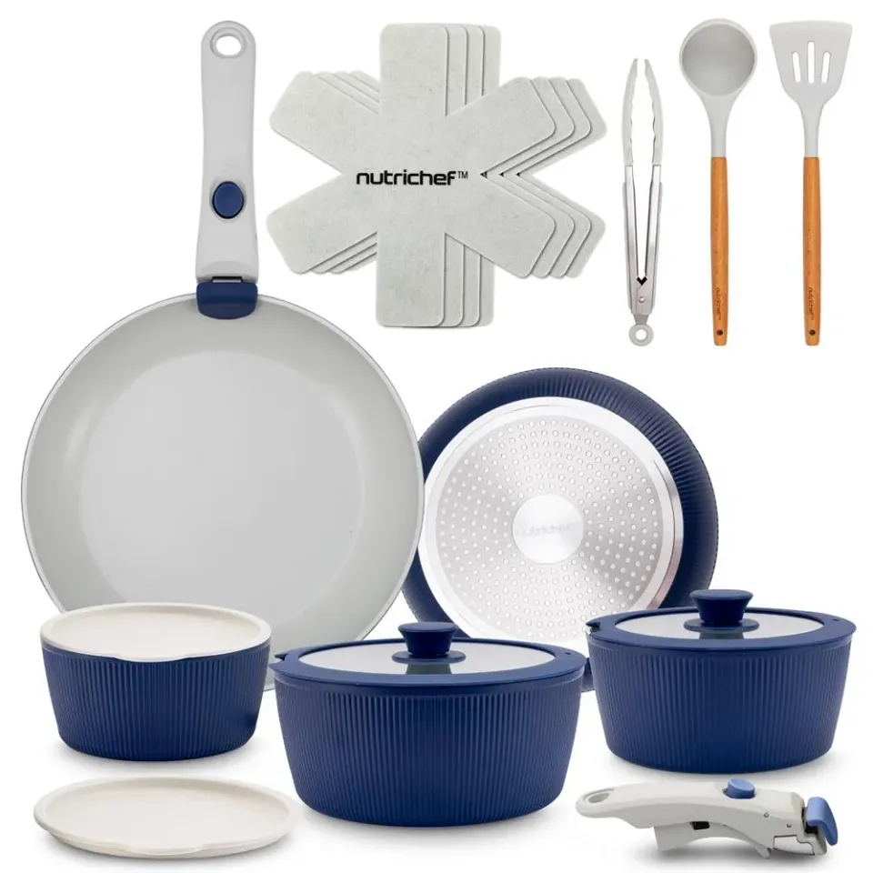 Nutrichef Batterie Cuisine 18 Pièces Céramique Bleue Amovible