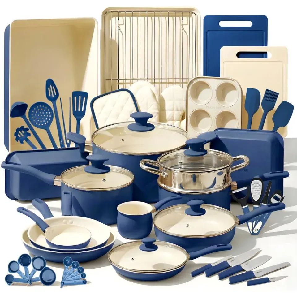 Nutrichef Batterie Cuisine 54 Pièces Céramique Bleu Gris