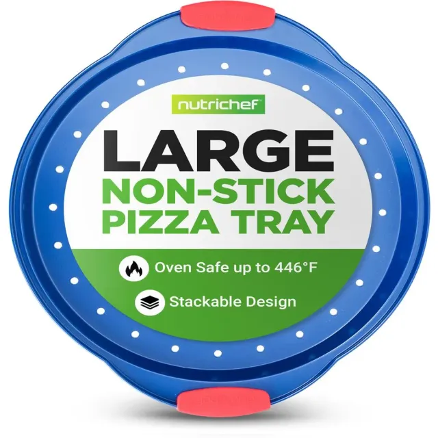 Nutrichef Plaque à pizza antiadhésive bleue poignées silicone