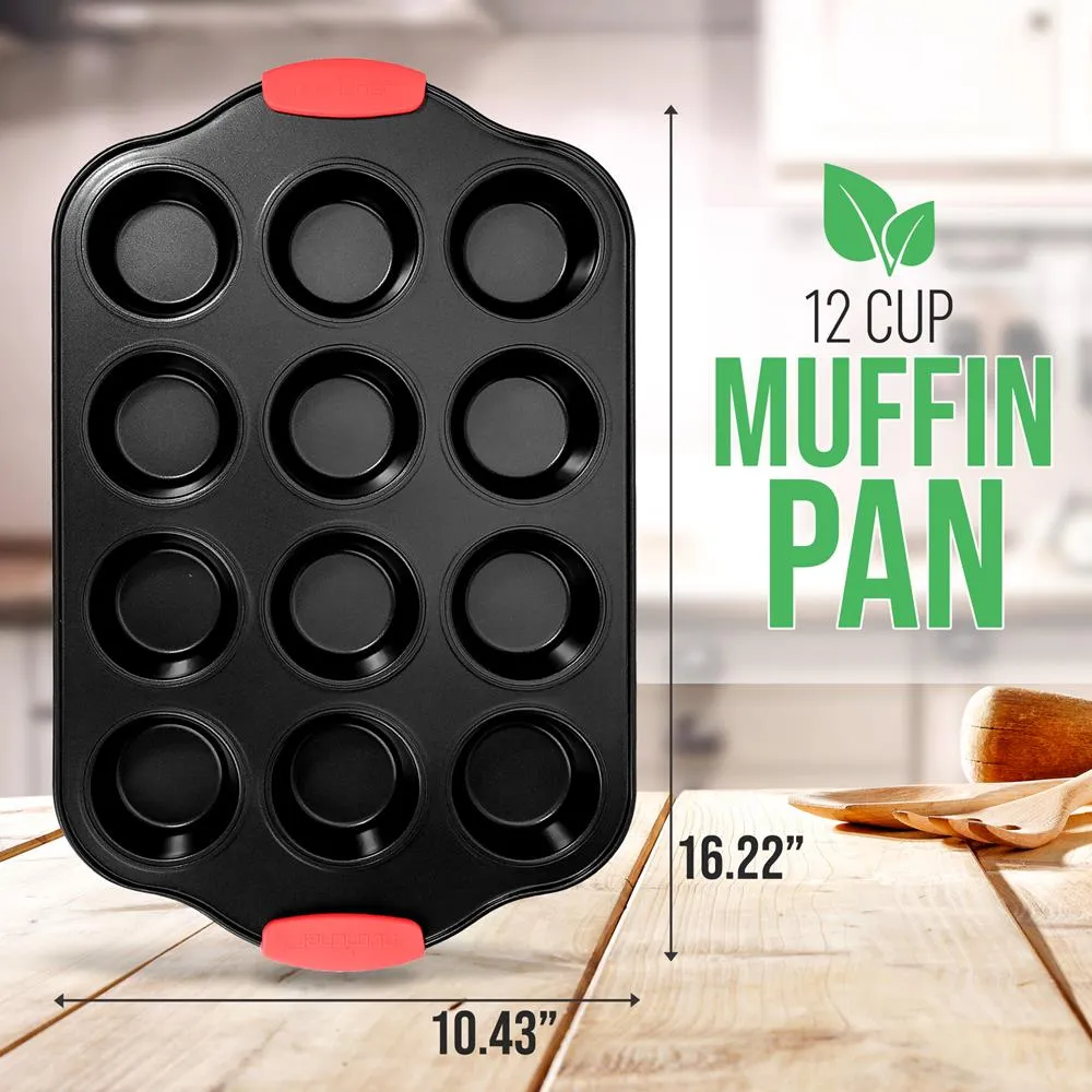 Nutrichef Moule 12 Muffins Antiadhésif Gris Poignées Rouge