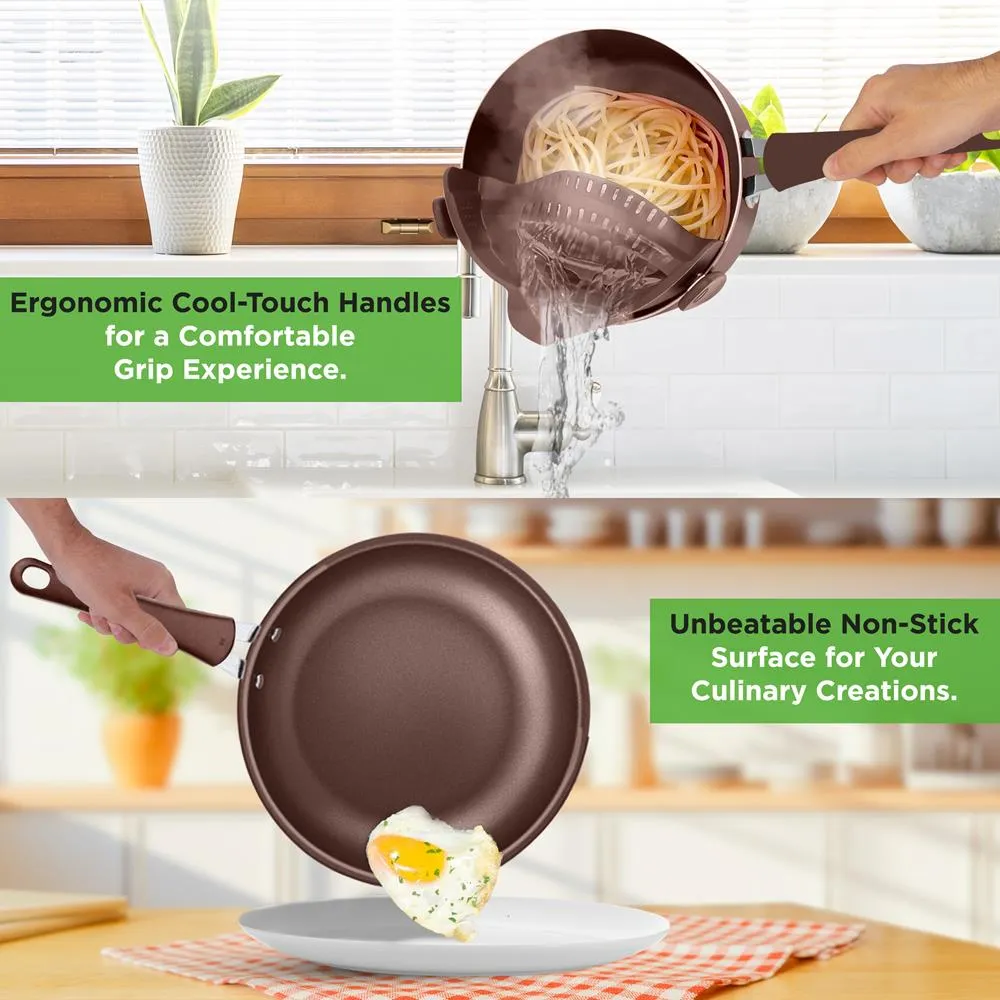 Nutrichef Batterie de cuisine antiadhésive 14 pièces marron