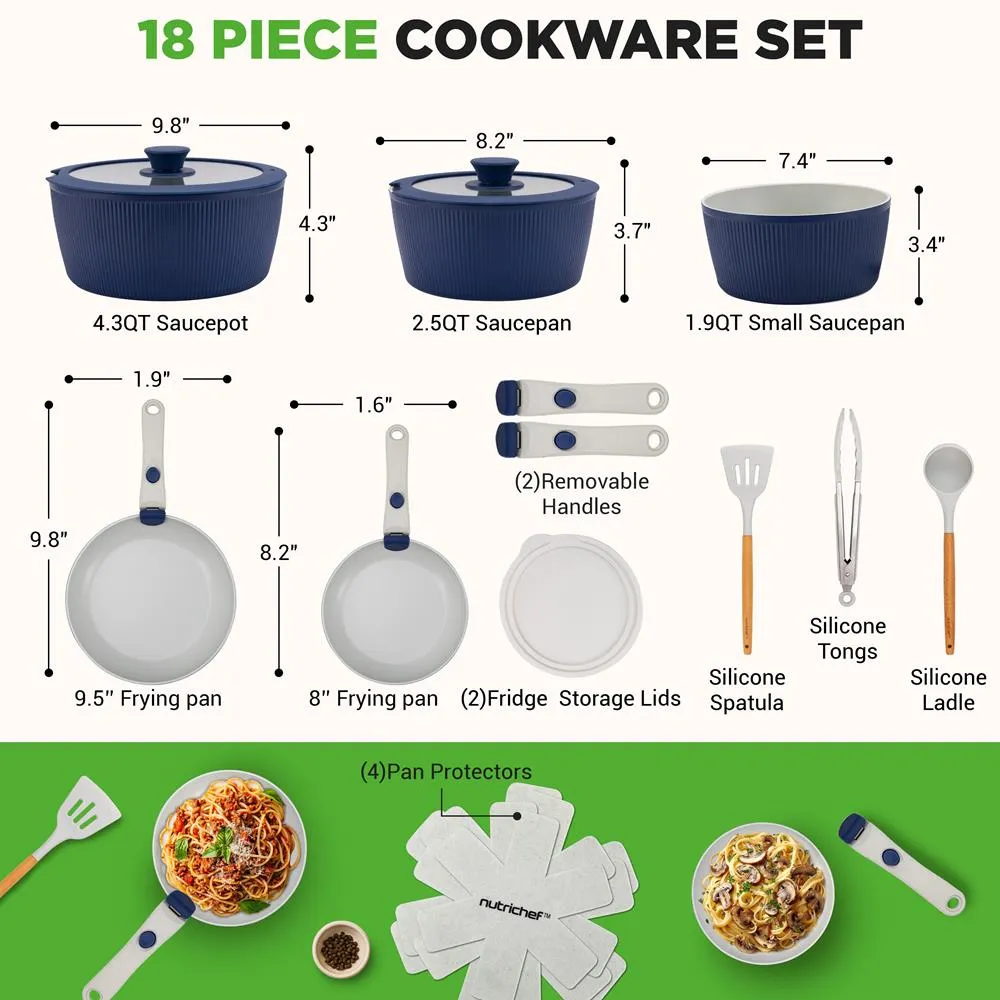 Nutrichef Batterie Cuisine 18 Pièces Céramique Bleue Amovible
