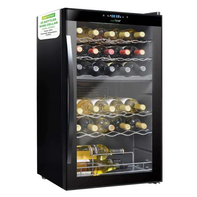 Nutrichef Cave à Vin 33 Bouteilles Double Zone Inox Réfrigérée