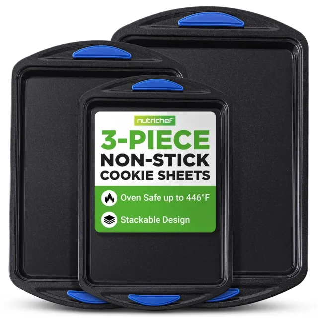 Nutrichef plaques cuisson antiadhésives 3 pièces poignées bleues
