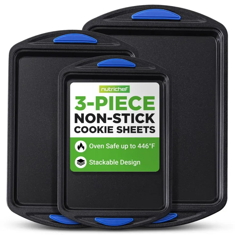 Nutrichef plaques cuisson antiadhésives 3 pièces poignées bleues