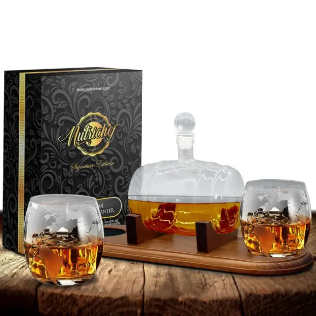 Nutrichef carafe whisky tonneau 750 ml 2 verres socle bois
