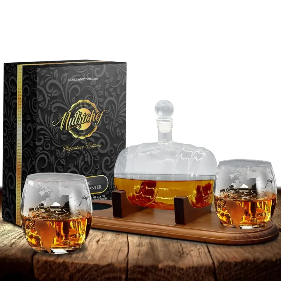 Nutrichef carafe whisky tonneau 750 ml 2 verres socle bois