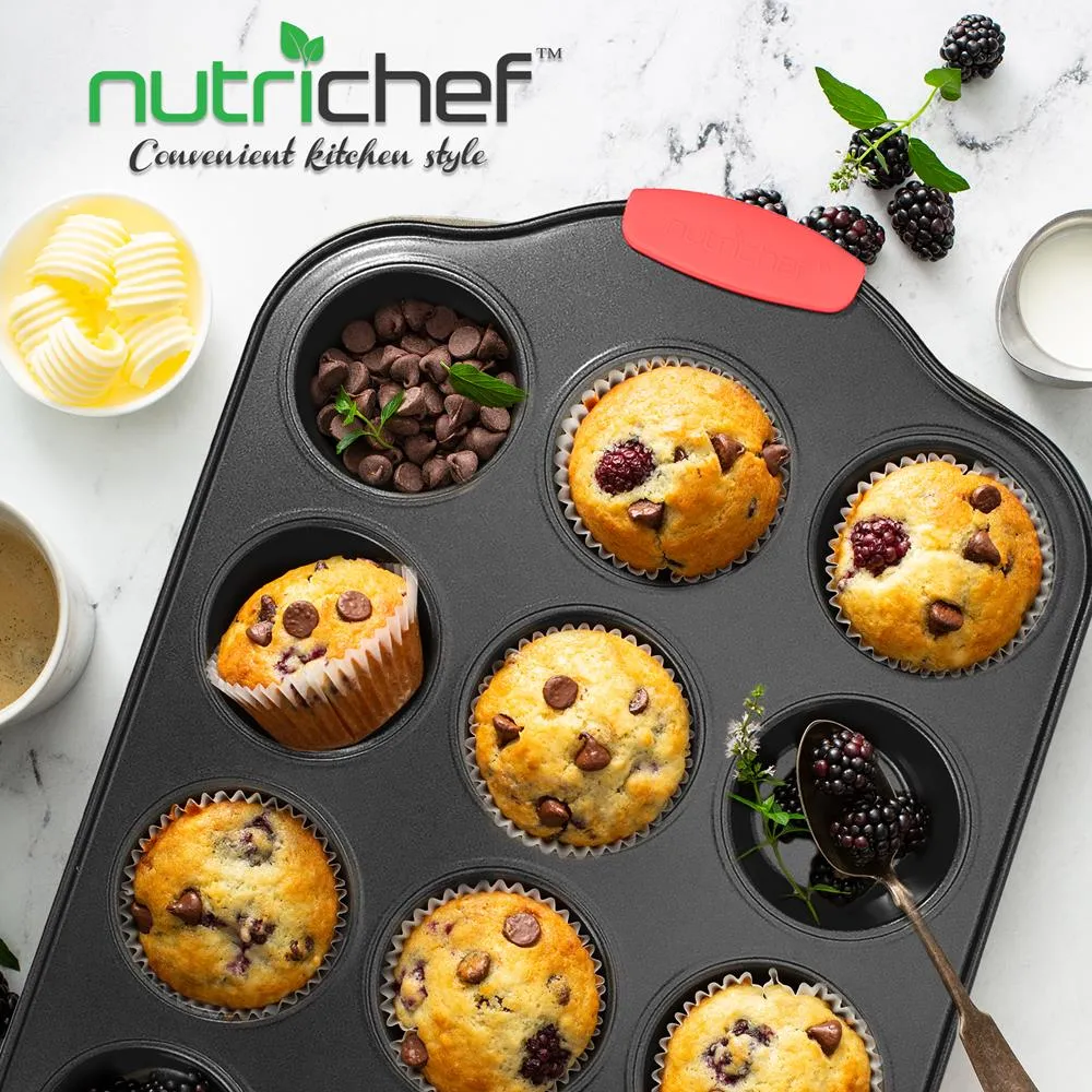 Nutrichef Moule 12 Muffins Antiadhésif Gris Poignées Rouge