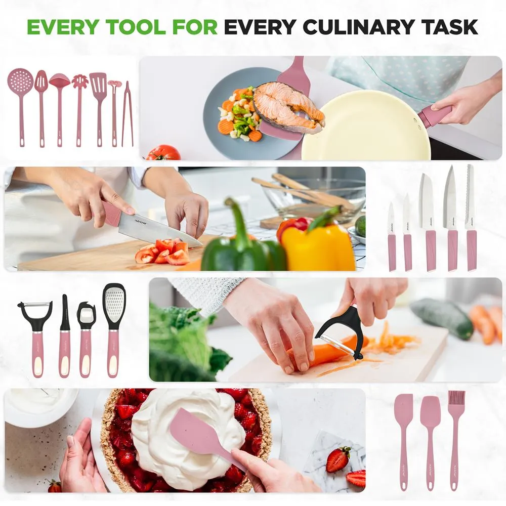 Nutrichef Batterie Cuisine Céramique 54 Pièces Rose Induction