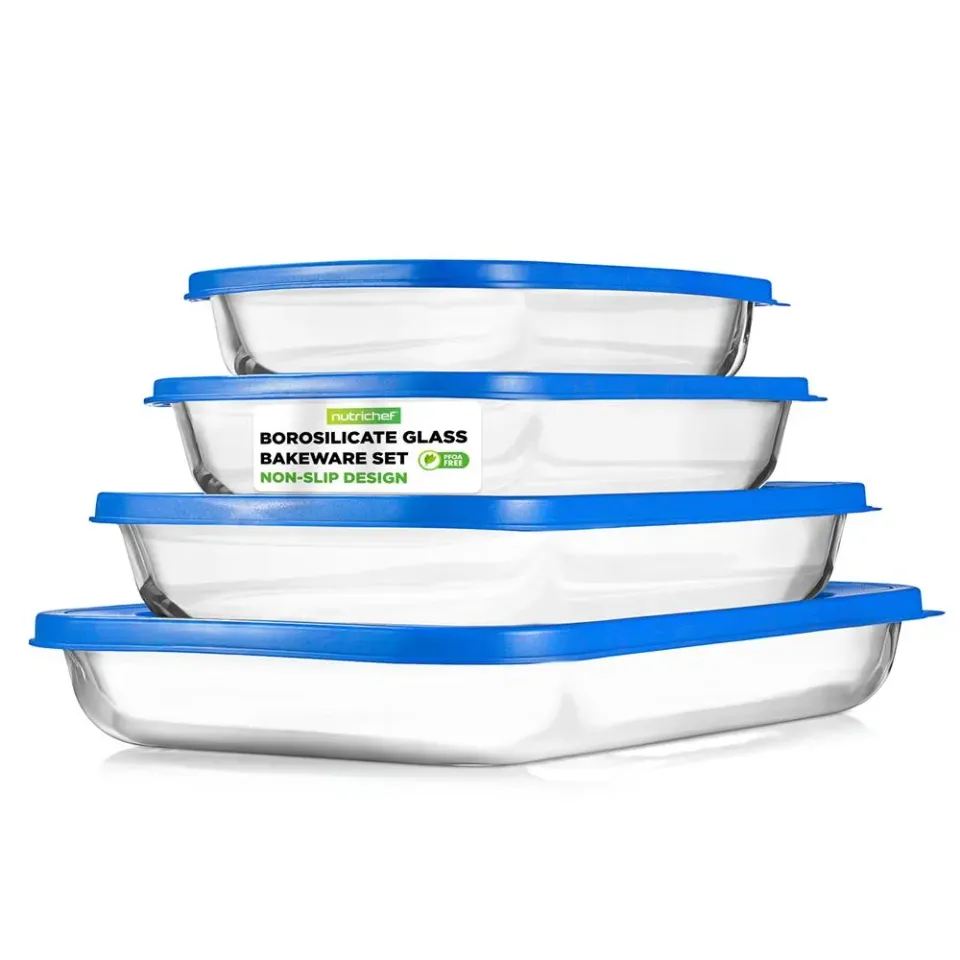 Nutrichef Set 4 Plats Verre Borosilicate Couvercles Bleus