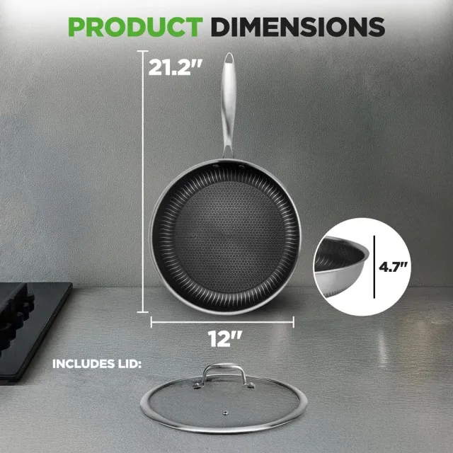Nutrichef Poêle inox 30cm antiadhésive nid abeille couvercle