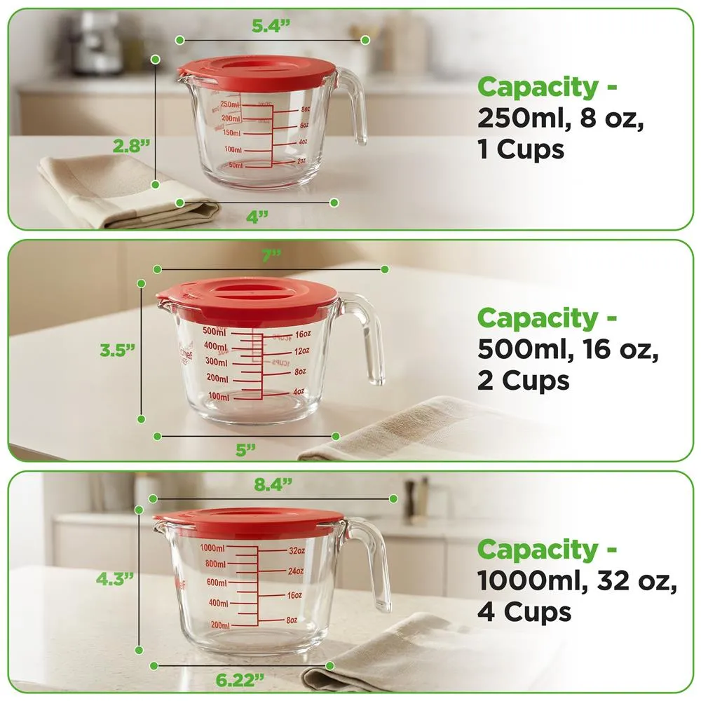 Nutrichef verres doseurs verre 250 500 1000 ml rouges 3 pièces