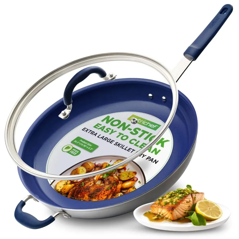 Nutrichef NCFRLD14 poêle 35 cm avec couvercle poignée bleue antiadhésive
