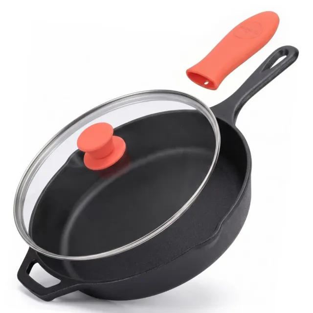 Nutrichef poêle fonte 25 cm avec couvercle manche orange