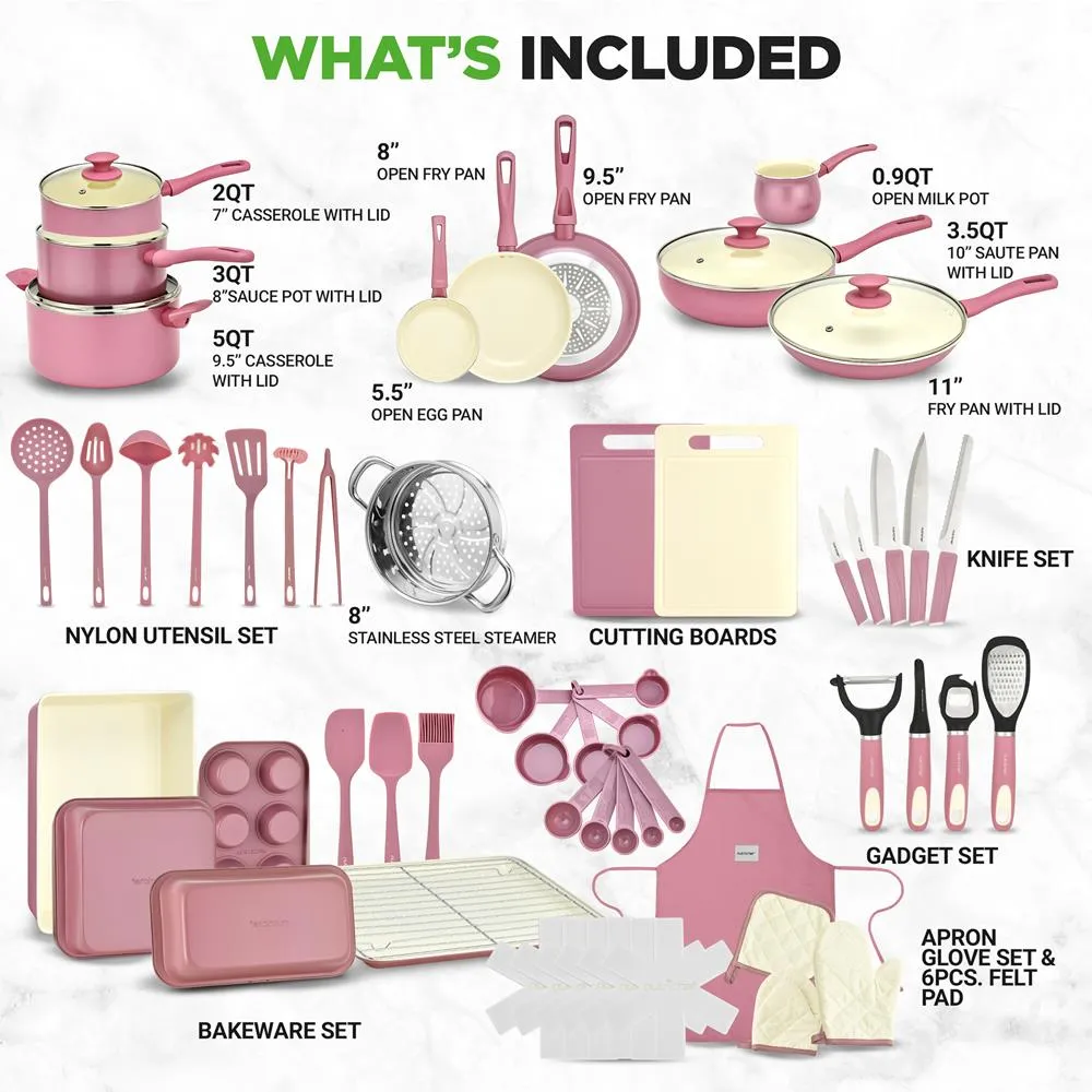 Nutrichef Batterie Cuisine Céramique 54 Pièces Rose Induction