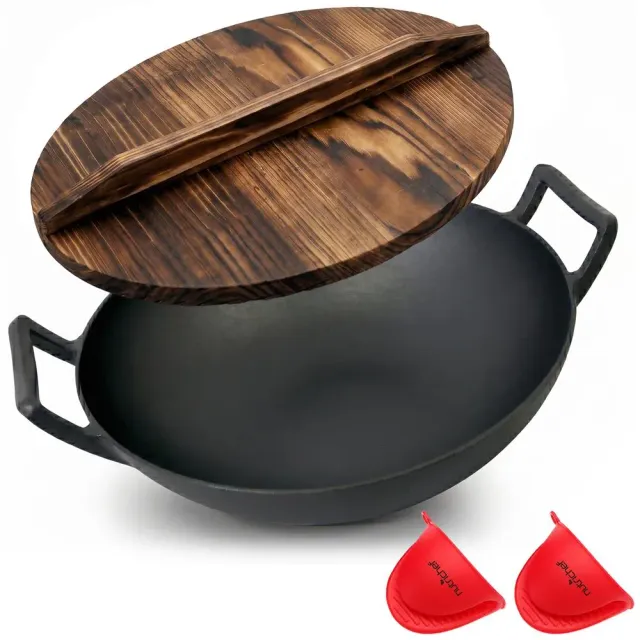 Nutrichef NCCIWOK60 wok fonte 5,5 L avec couvercle bois