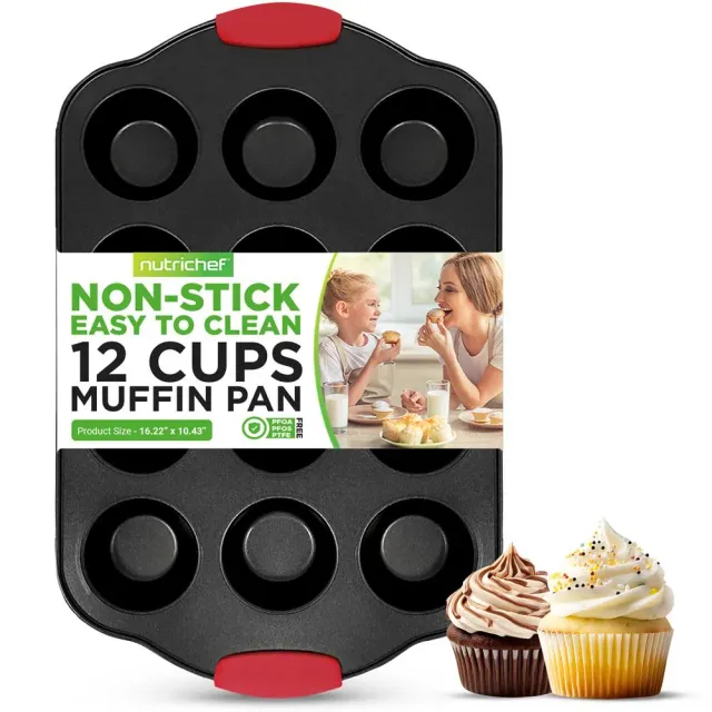 Nutrichef Moule 12 Muffins Antiadhésif Gris Poignées Rouge