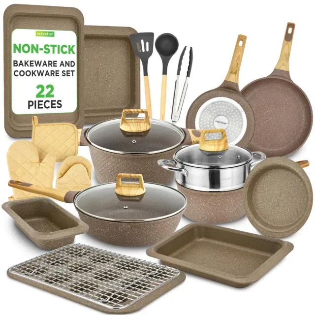 Nutrichef batterie cuisine 22 pièces marbre bordeaux