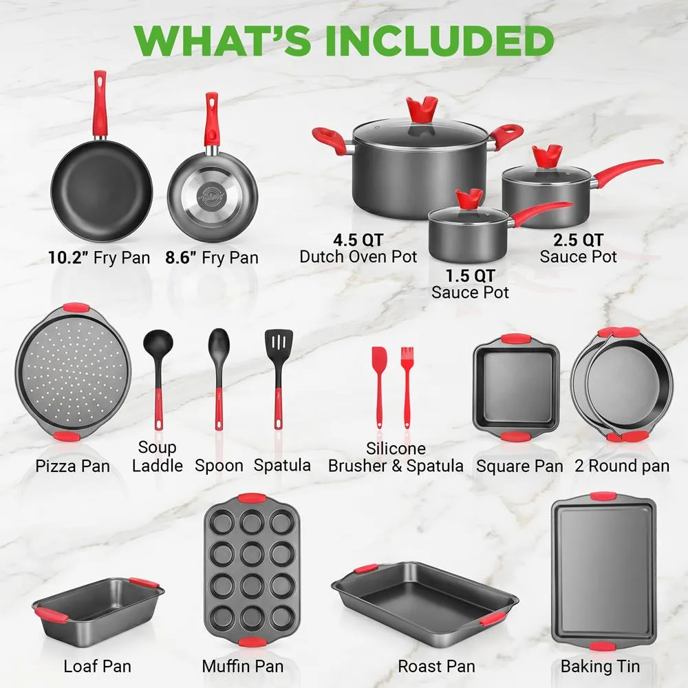 Nutrichef Batterie Cuisine Antiadhésive 21 Pièces Rouge