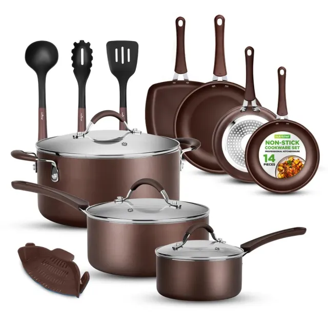 Nutrichef Batterie de cuisine antiadhésive 14 pièces marron