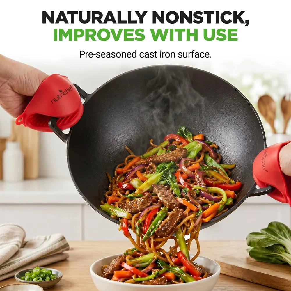 Nutrichef NCCIWOK60 wok fonte 5,5 L avec couvercle bois