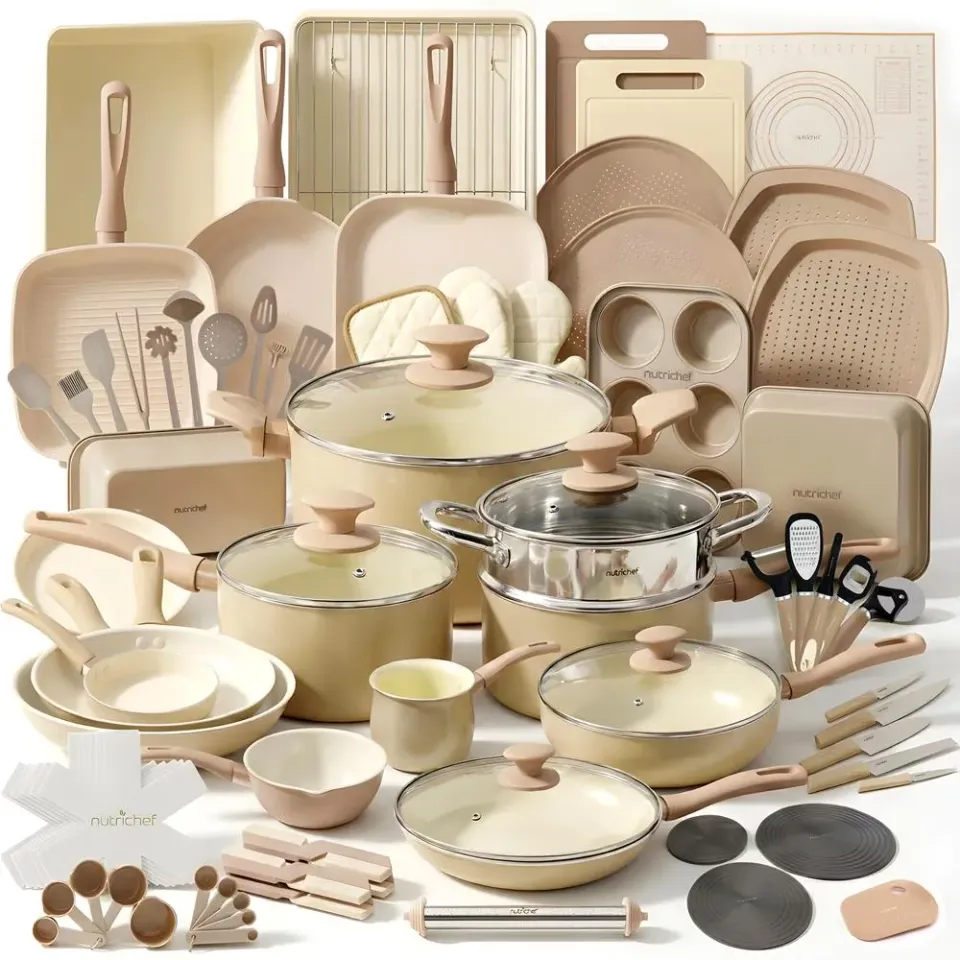 Nutrichef batterie cuisine 75 pièces céramique crème