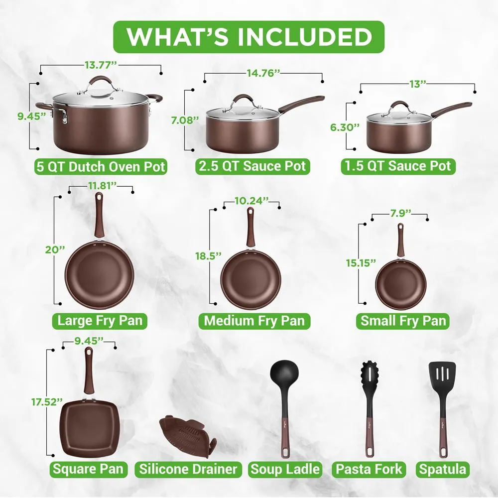 Nutrichef Batterie de cuisine antiadhésive 14 pièces marron