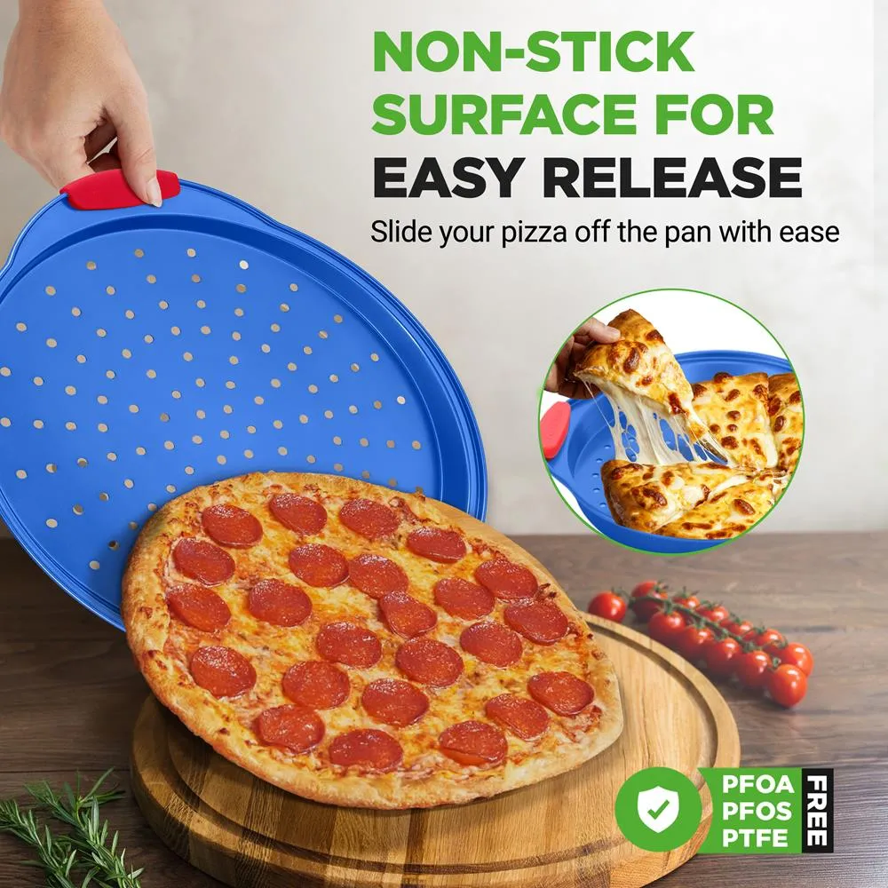 Nutrichef Plaque à pizza antiadhésive bleue poignées silicone