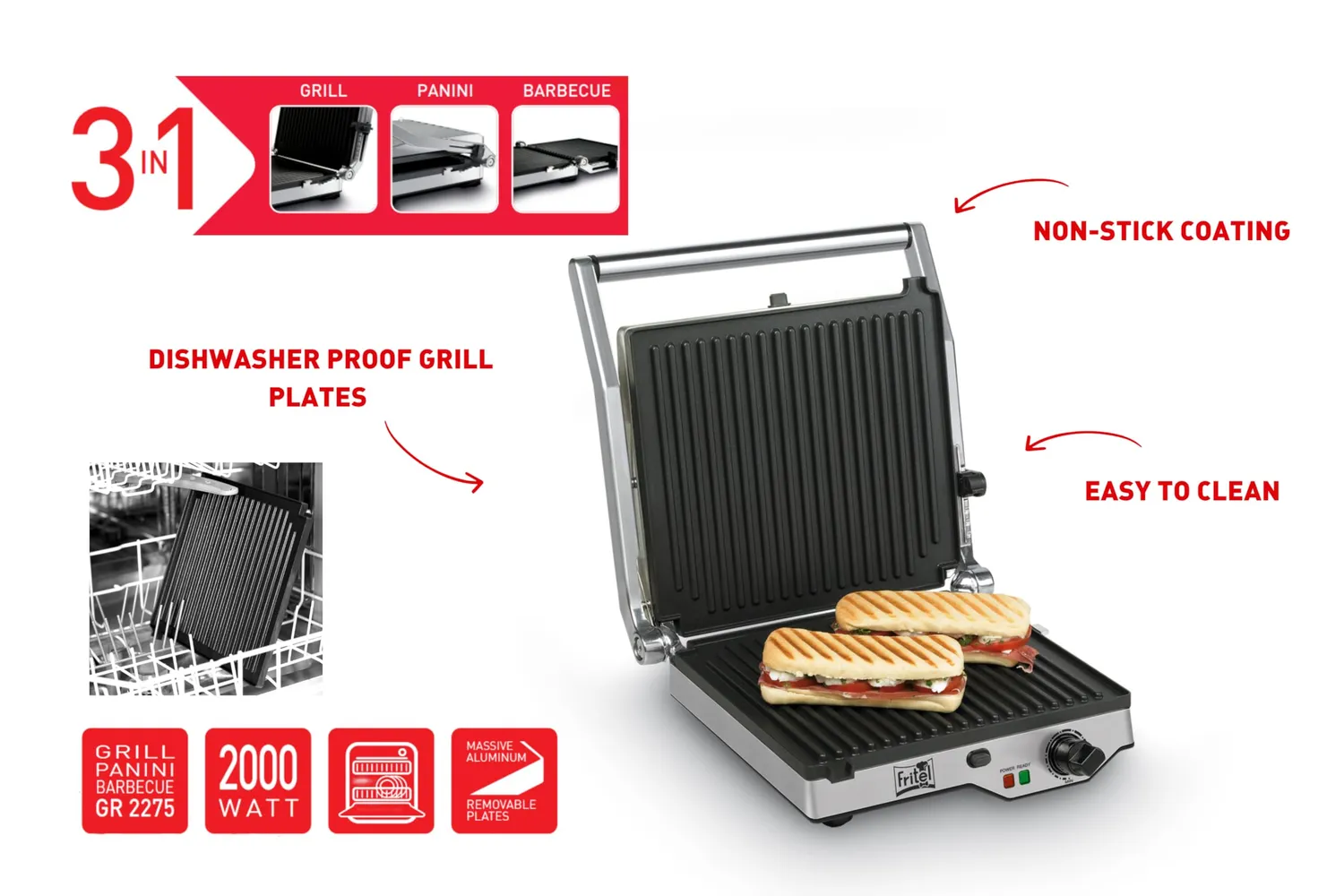 Fritel GR 2275 grill panini BBQ 29x26 cm 2000 W