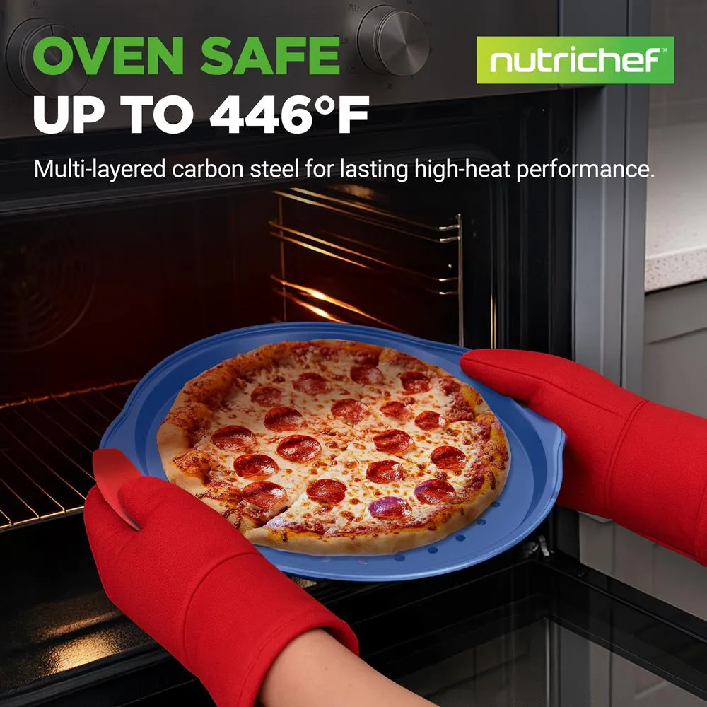 Nutrichef Plaque à pizza antiadhésive bleue poignées silicone