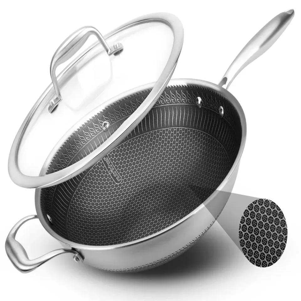 Nutrichef Wok inox 12 pouces avec couvercle nid d’abeille