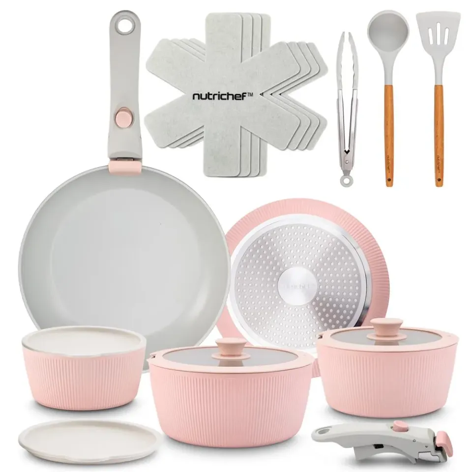 Nutrichef batterie cuisine céramique rose 18 pièces