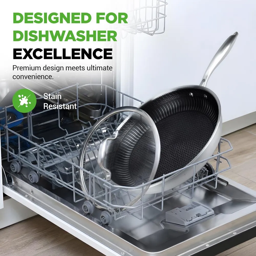 Nutrichef Poêle inox 30cm antiadhésive nid abeille couvercle