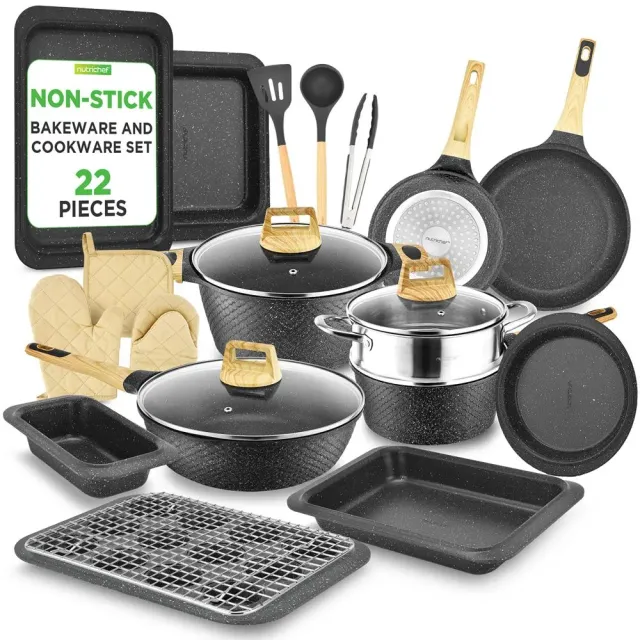 Nutrichef Batterie Cuisine 22 Pièces Antiadhésive Marbre Noir