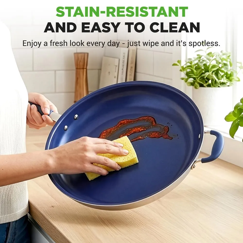 Nutrichef NCFRLD14 poêle 35 cm avec couvercle poignée bleue antiadhésive
