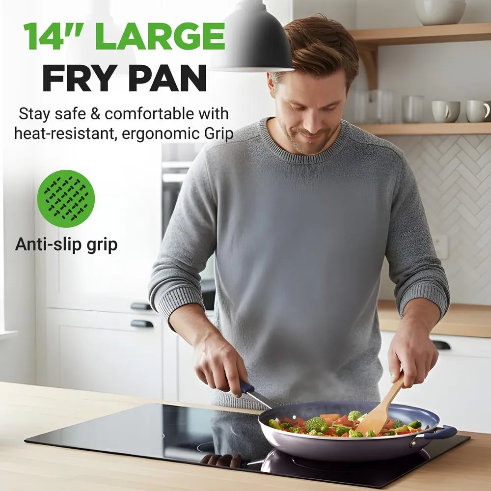 Nutrichef NCFRLD14 poêle 35 cm avec couvercle poignée bleue antiadhésive