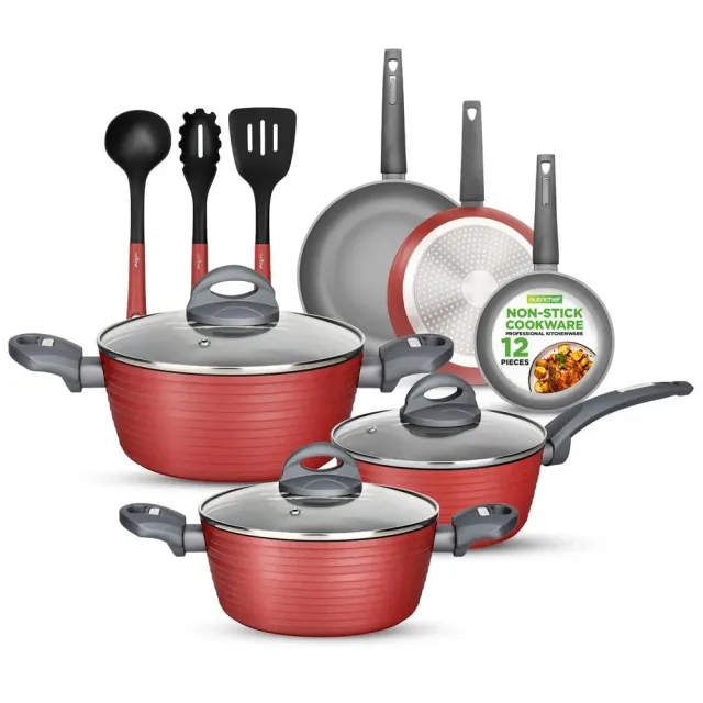 Nutrichef Batterie de cuisine antiadhésive 12 pièces rouge