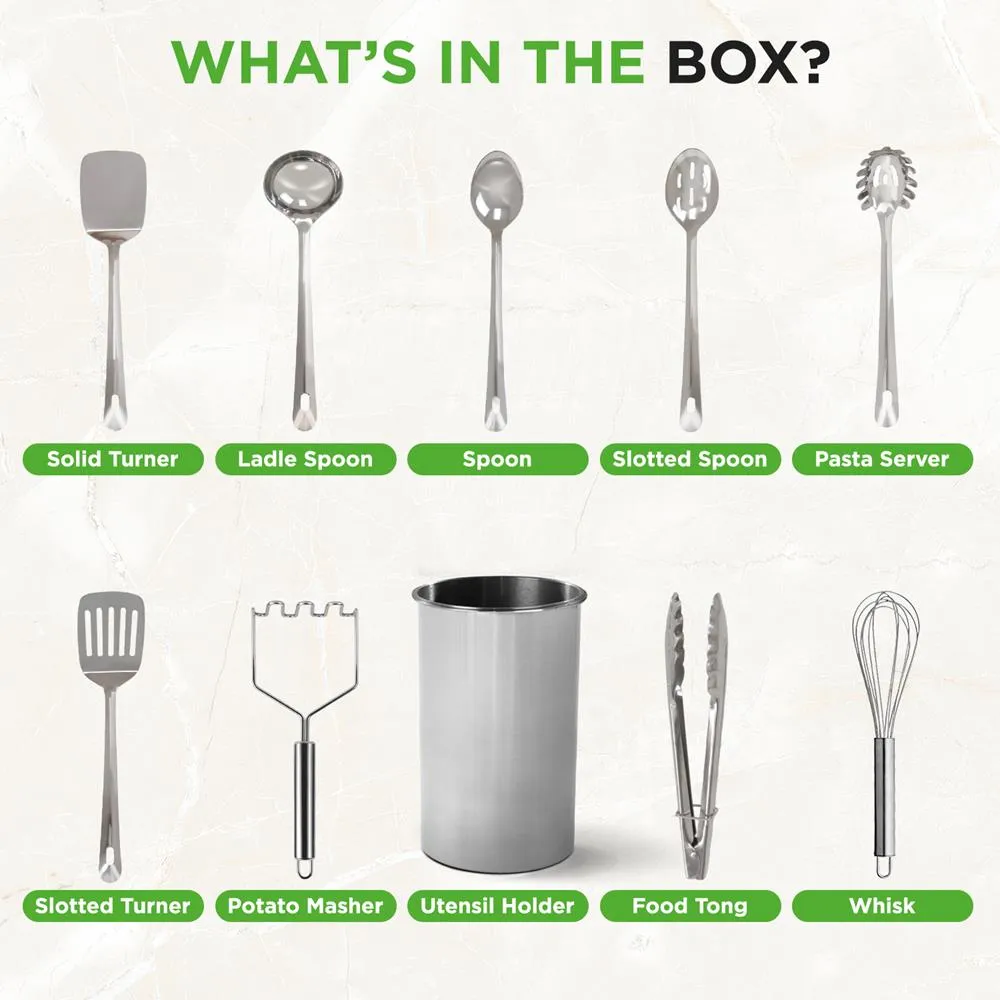 Nutrichef Set 10 Ustensiles Inox avec Support Antadhésif