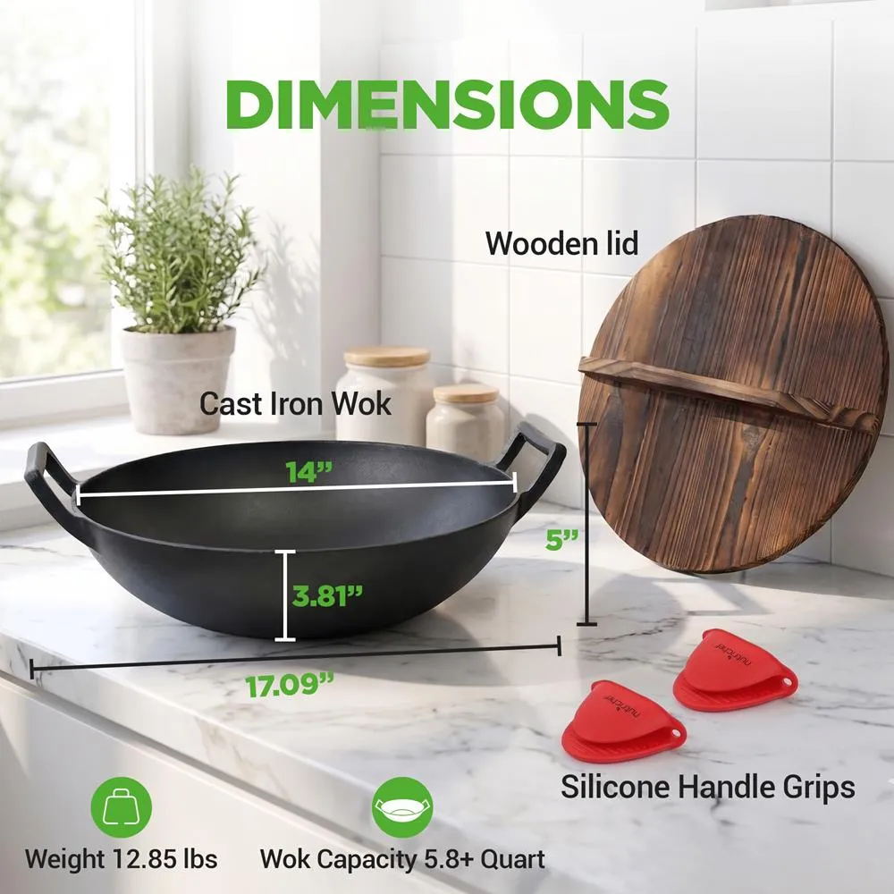 Nutrichef NCCIWOK60 wok fonte 5,5 L avec couvercle bois