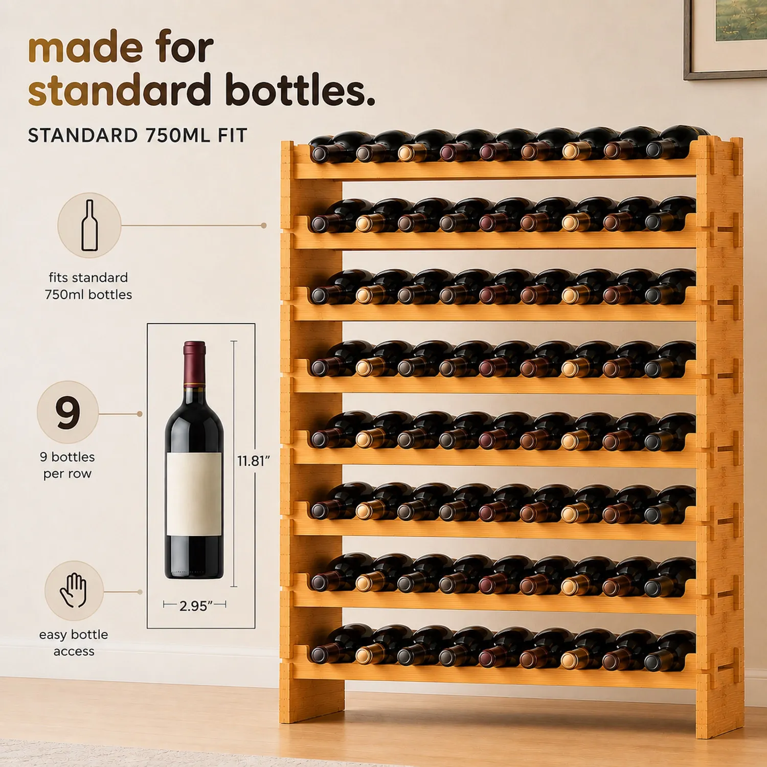Nutrichef casier à vin bambou modulable 72 bouteilles