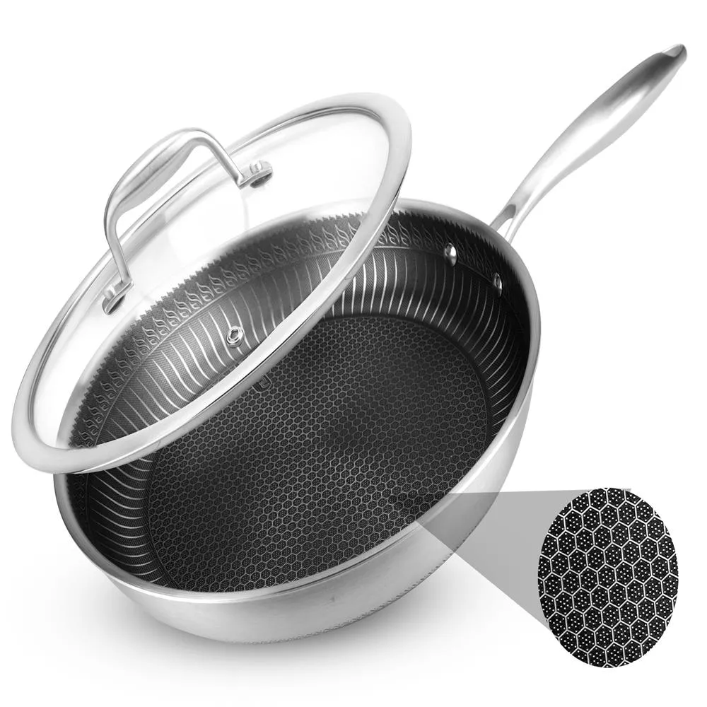 Nutrichef Poêle inox 30cm antiadhésive nid abeille couvercle