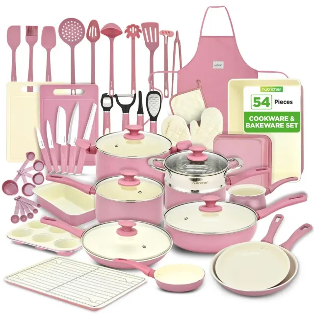 Nutrichef Batterie Cuisine Céramique 54 Pièces Rose Induction