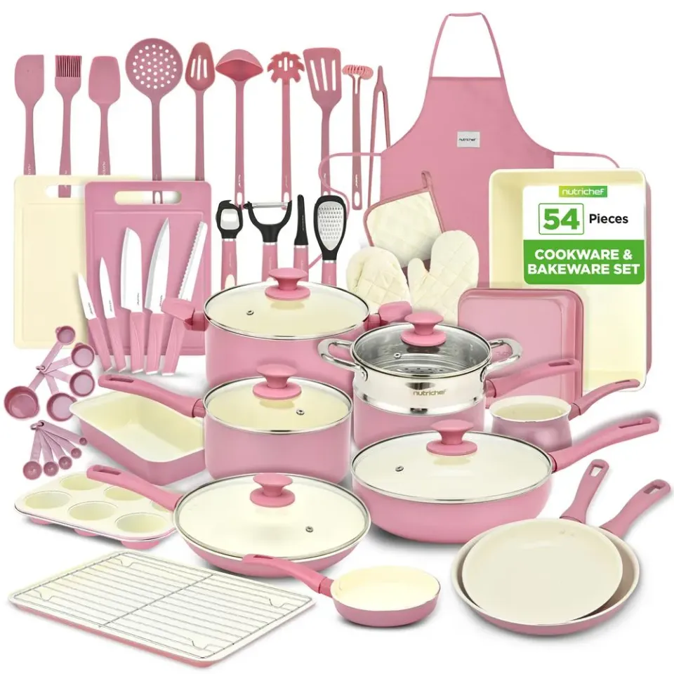 Nutrichef Batterie Cuisine Céramique 54 Pièces Rose Induction