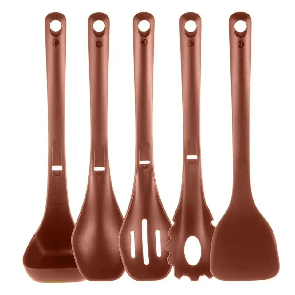 Nutrichef set 4 ustensiles nylon marron avec support